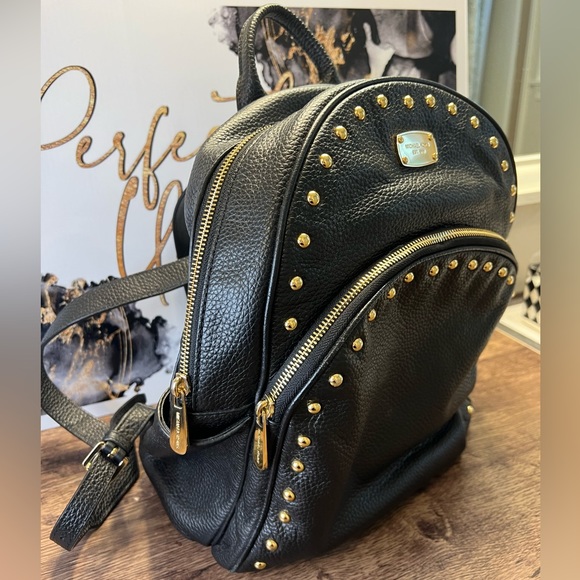 Michael Kors Black Leather Gold Studded Backpack - Picture 1 of 12